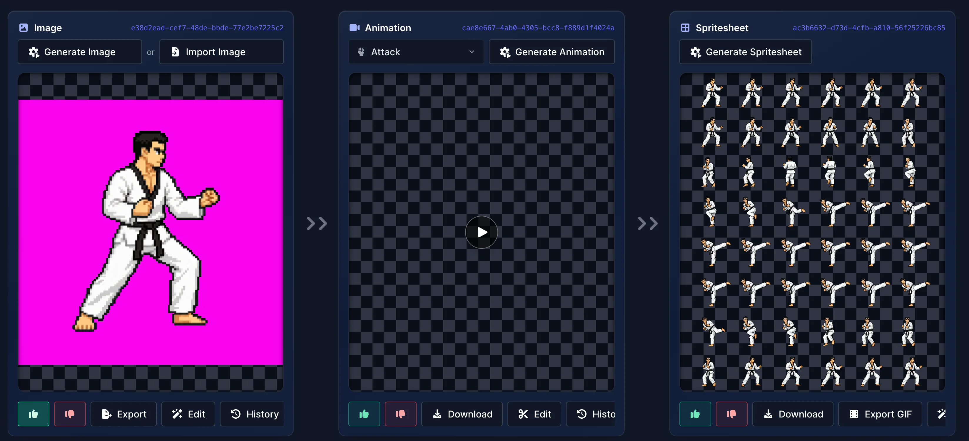 GameLab Studio interface showing the three-step character workflow: a base taekwondo sprite on the left, an animation panel for an attack in the middle, and the generated spritesheet of all attack frames on the right.