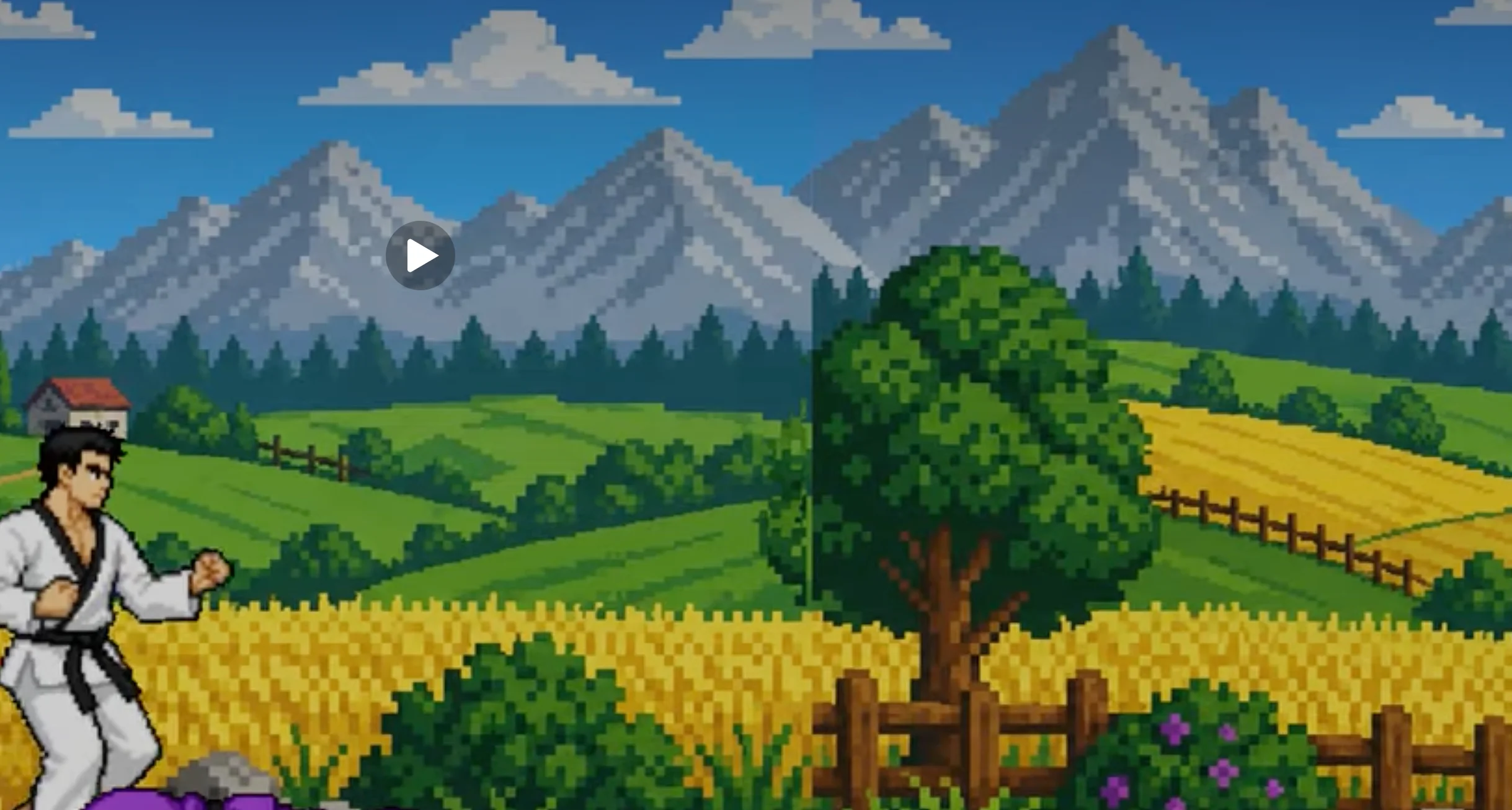 A pixel-art mountain and meadow background generated by GameLab Studio with a taekwondo character standing in the foreground, showing where the field, trees, and mountains do not line up across the seam meant to tile for parallax scrolling.