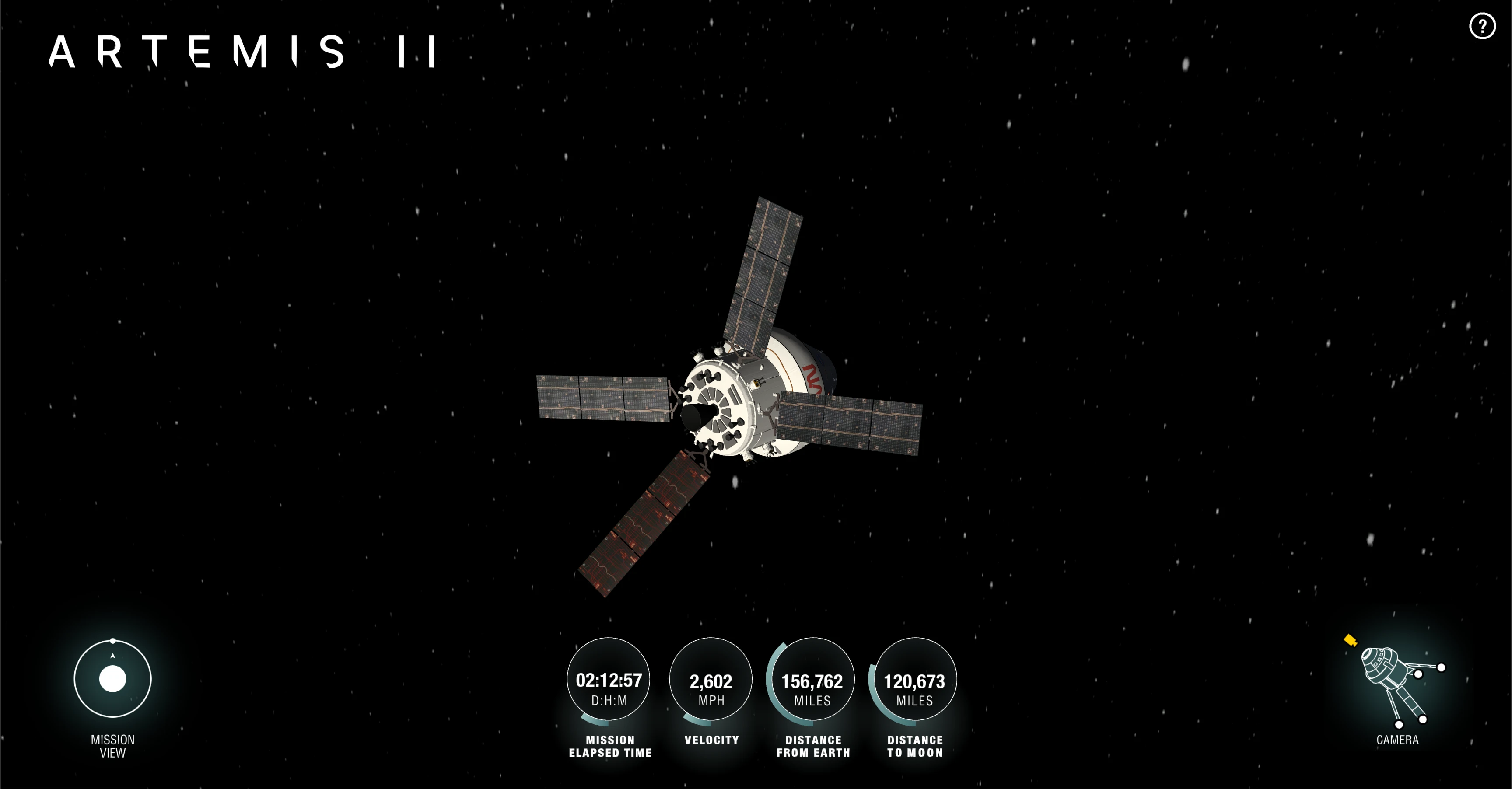Orion capsule view with telemetry and camera controls in AROW