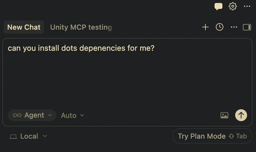 Cursor chat asking to install DOTS dependencies