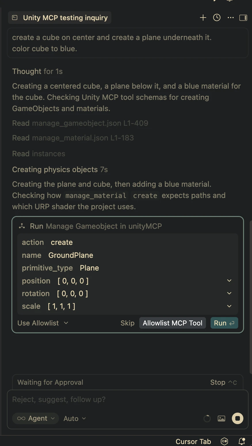 Cursor chat with Unity MCP tool run prompt and approval