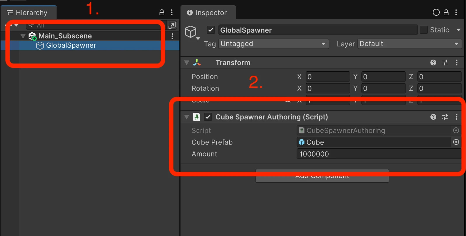 Steps to attach CubeSpawnerAuthoring to GlobalSpawner in the SubScene