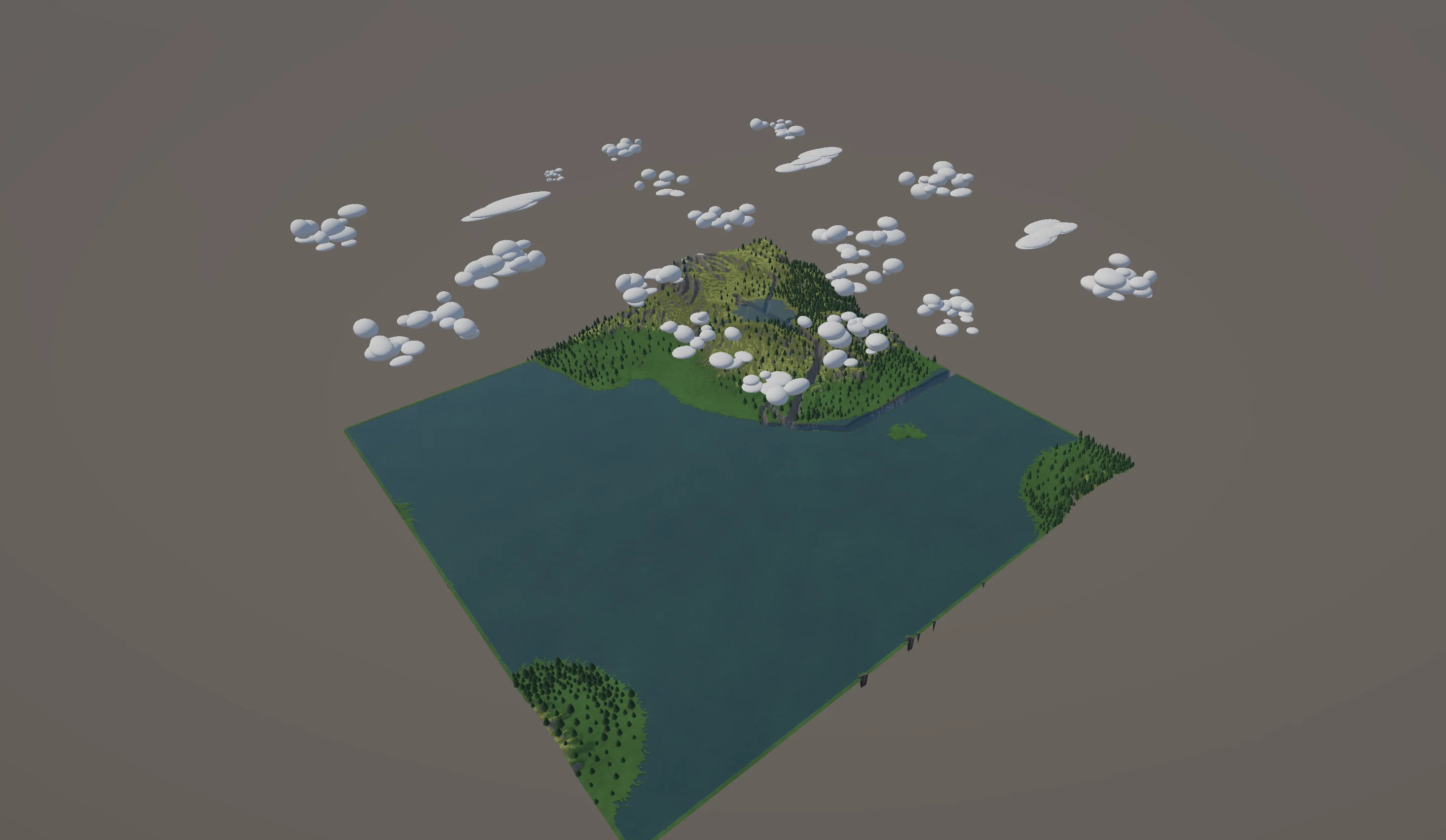 Unity world generated one-shot by Claude Opus 4.7, mountain and lake under scattered clouds