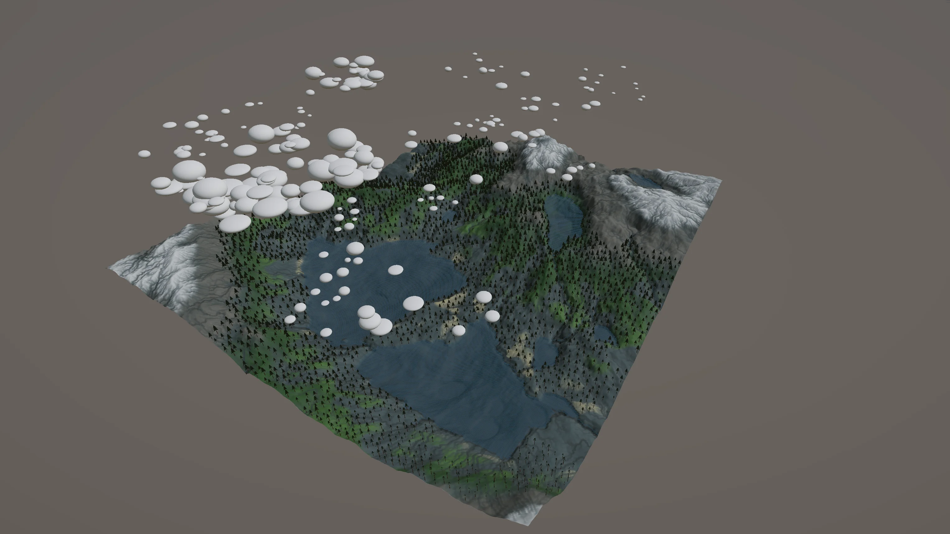 Unity world generated one-shot by Claude Opus 4.6, dense forest with multiple lakes and snow-capped peaks