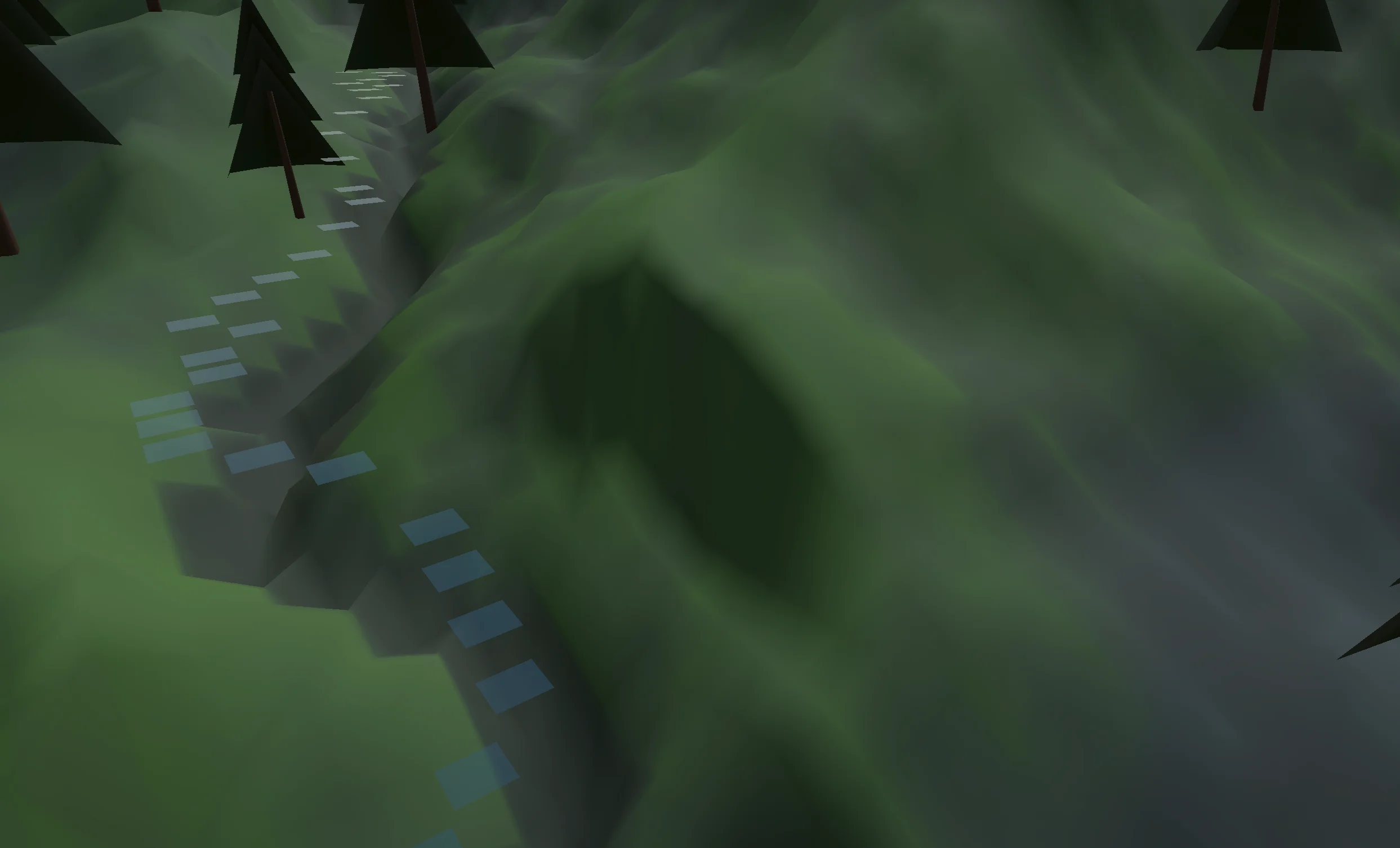 Opus 4.6 Unity terrain close-up showing smooth low-poly slopes with trees