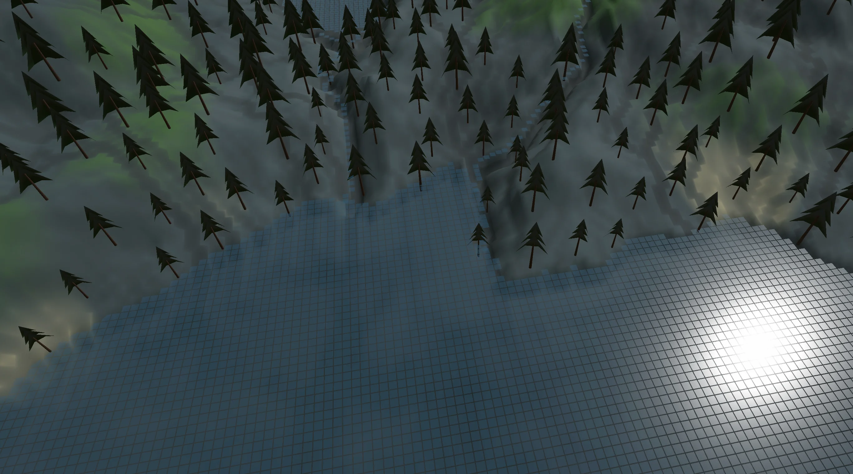 Opus 4.6 ocean rendered as a flat grid-tiled plane next to the terrain, breaking immersion