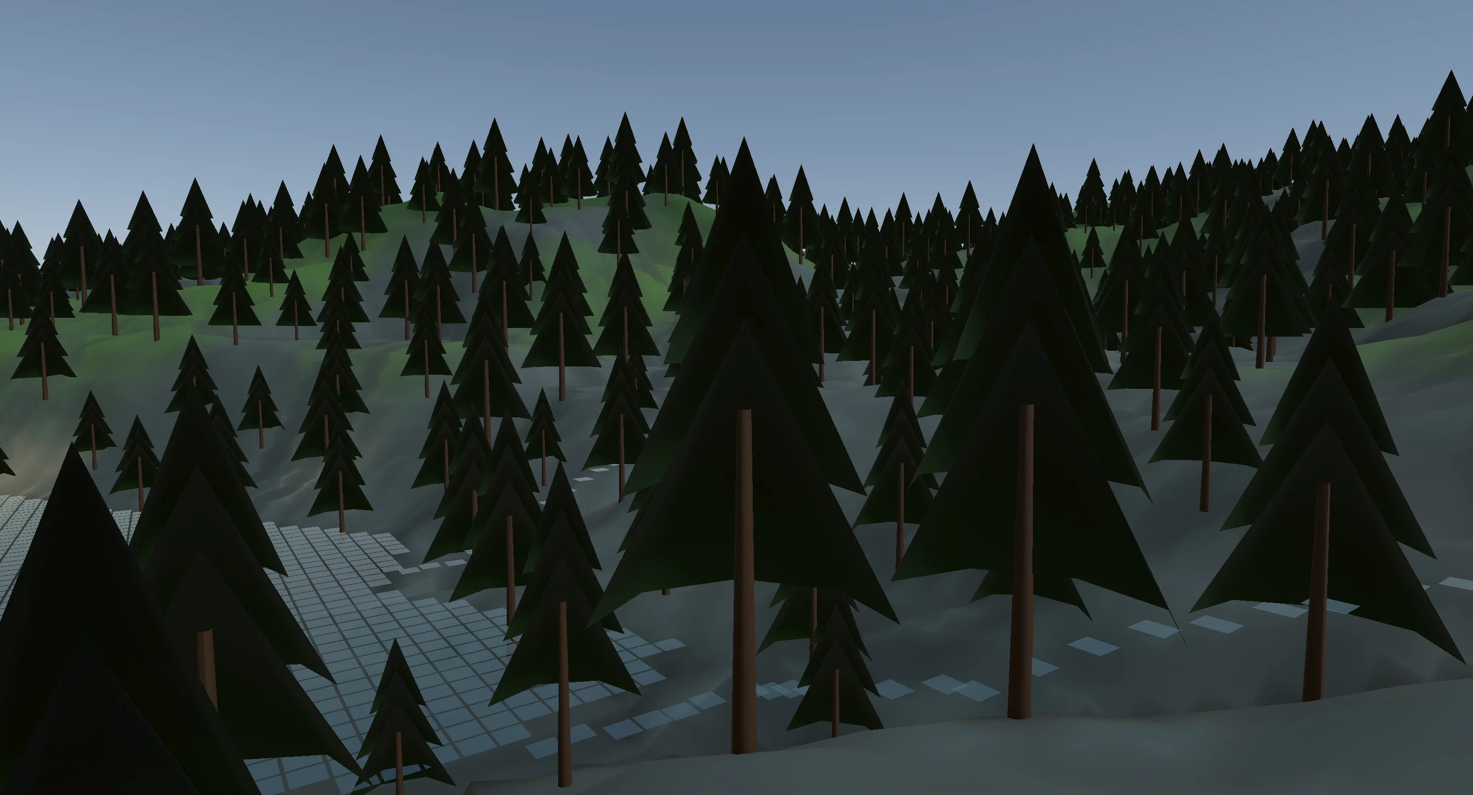 Opus 4.6 pine trees rendering dark and flat with broken shading, likely flipped mesh normals