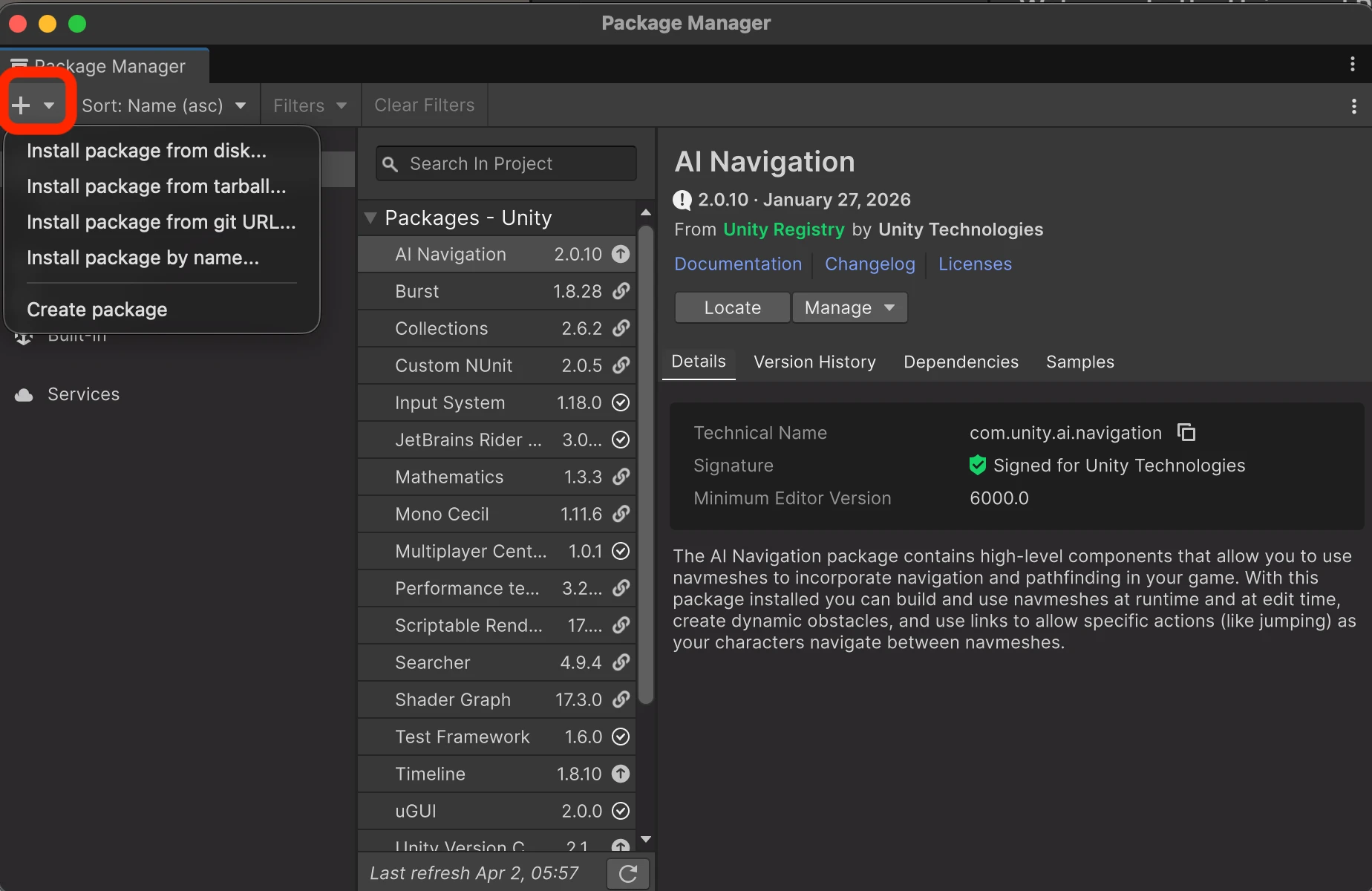 Plus button in the Package Manager toolbar