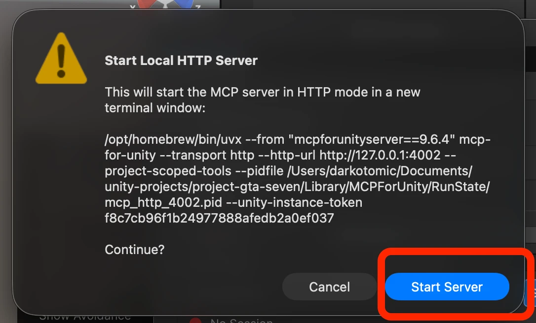Start Local HTTP Server confirmation with Start Server action