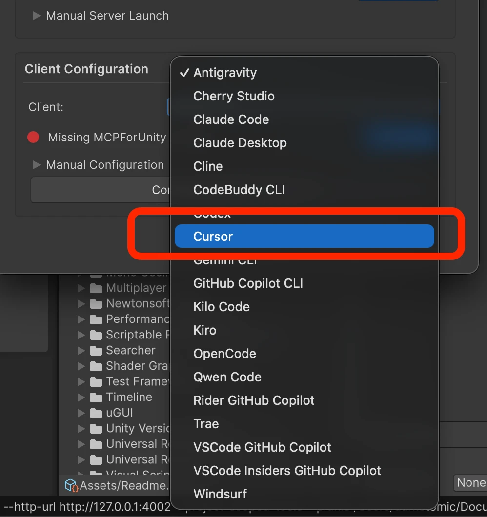 Client dropdown selecting Cursor
