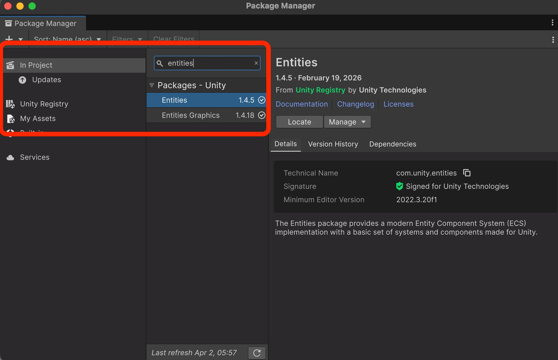 Package Manager showing Entities packages installed after MCP