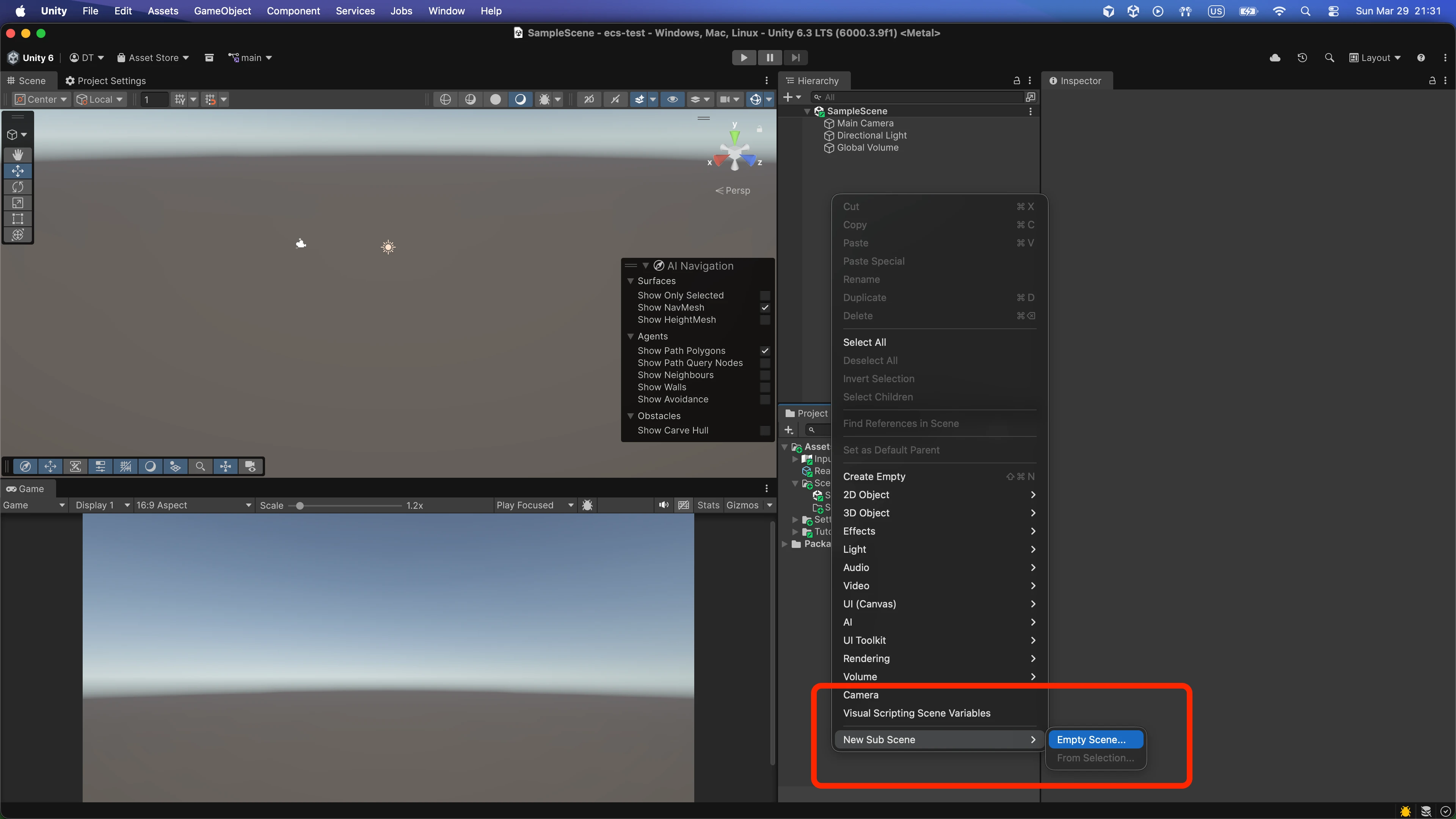 Creating a new SubScene in the Unity Editor for the DOTS getting started sample