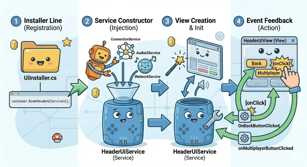 Four-step DI flow from UiInstaller binding to service constructor injection, view init, and button events returning to service logic.