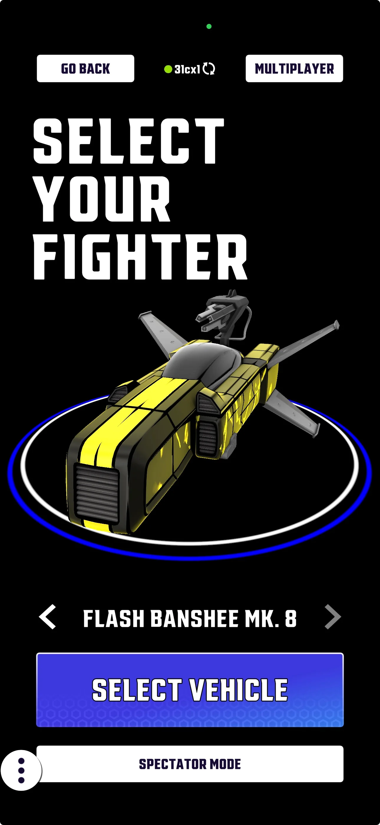 Flash Banshee Mk. 8 fighter vehicle on the Select Your Fighter screen in Floorcraft: Blasters