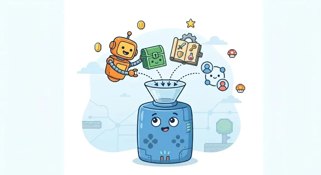 Illustration of fragmented game UI and systems funneling into one central hub as a single source of truth.