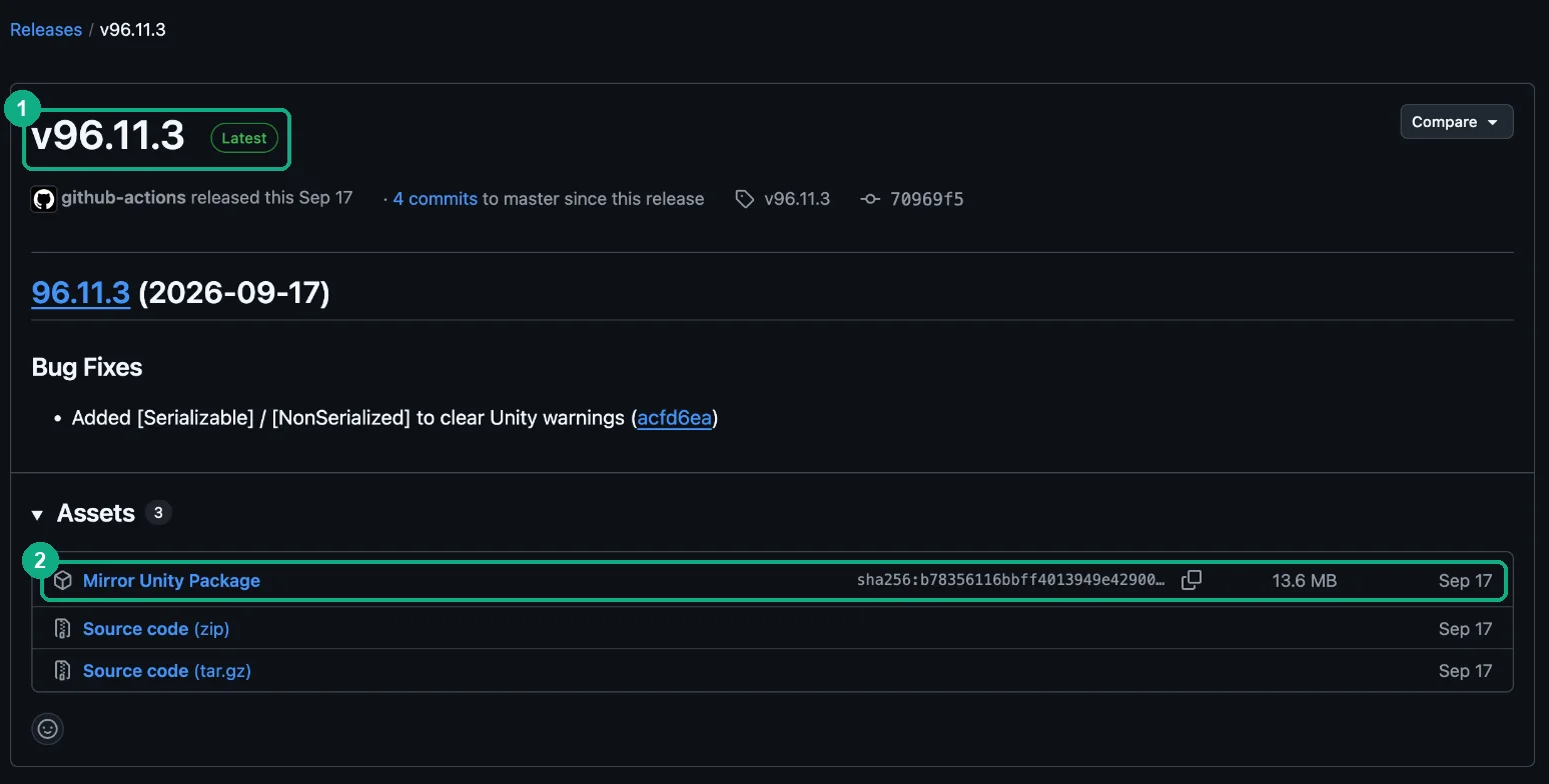 Mirror 96.11.3 release page on GitHub with the Mirror Unity Package download highlighted