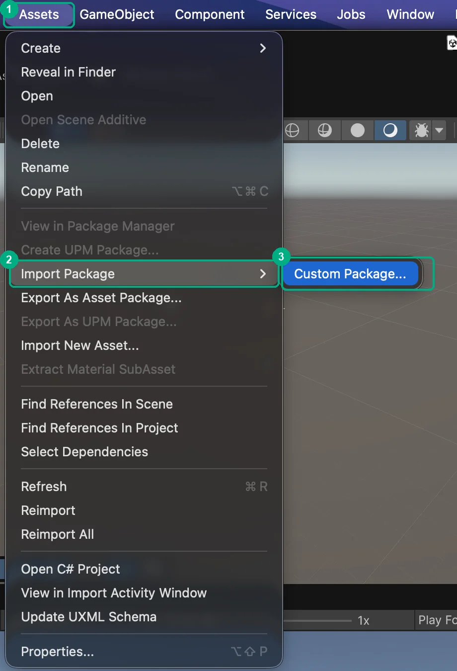 Unity Assets menu open at Import Package > Custom Package