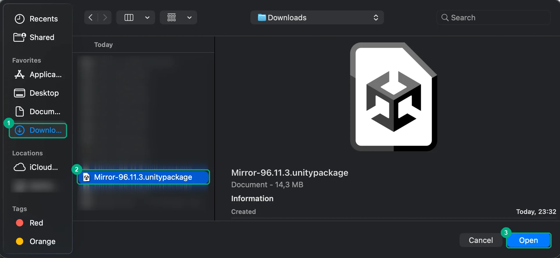 macOS file picker with Mirror-96.11.3.unitypackage selected in Downloads