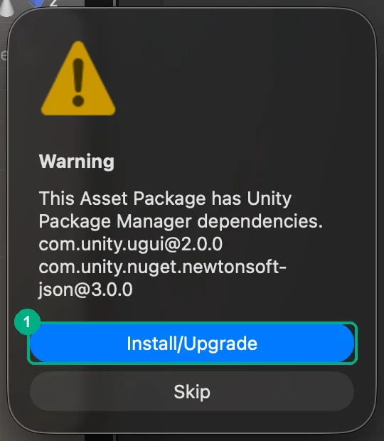 Unity warning about Mirror's Package Manager dependencies with Install/Upgrade highlighted