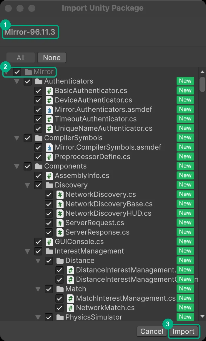 Import Unity Package window for Mirror-96.11.3 with all files checked and the Import button highlighted