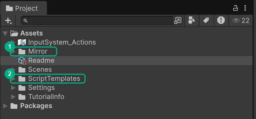 Unity Project window showing the new Mirror and ScriptTemplates folders after import