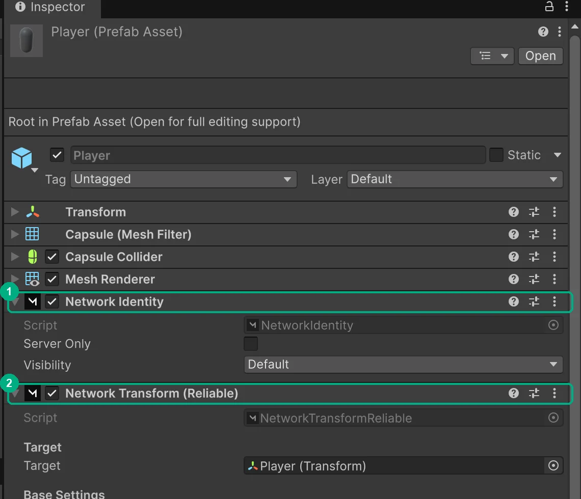 Player prefab Inspector with Network Identity and Network Transform (Reliable) highlighted