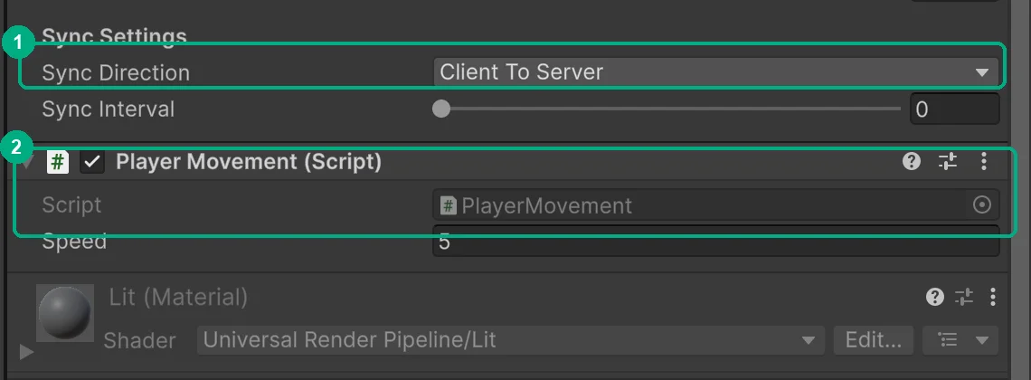 Network Transform Sync Direction set to Client To Server and the Player Movement script on the Player prefab
