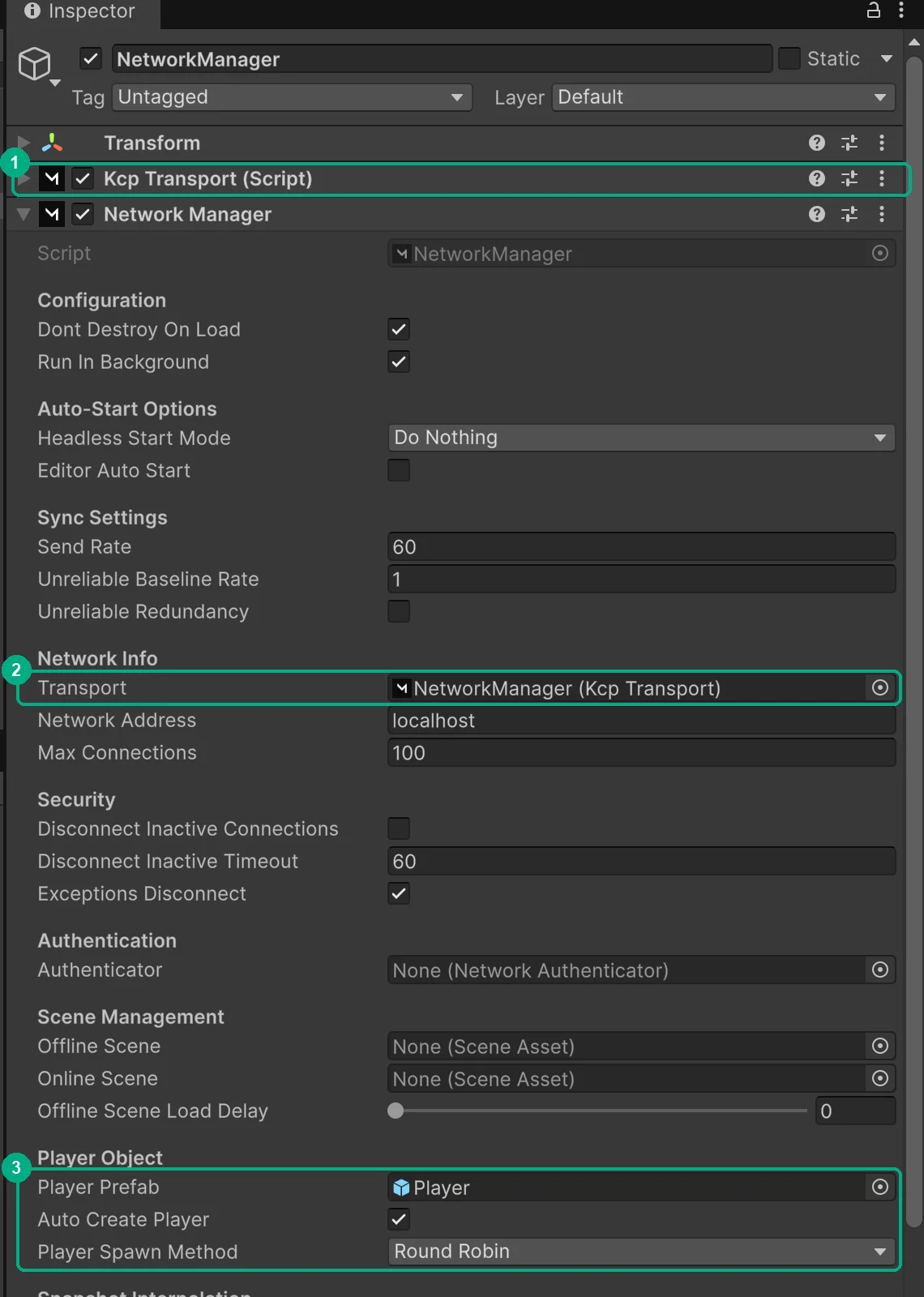 Network Manager Inspector with the Kcp Transport, Transport field and Player Object settings highlighted