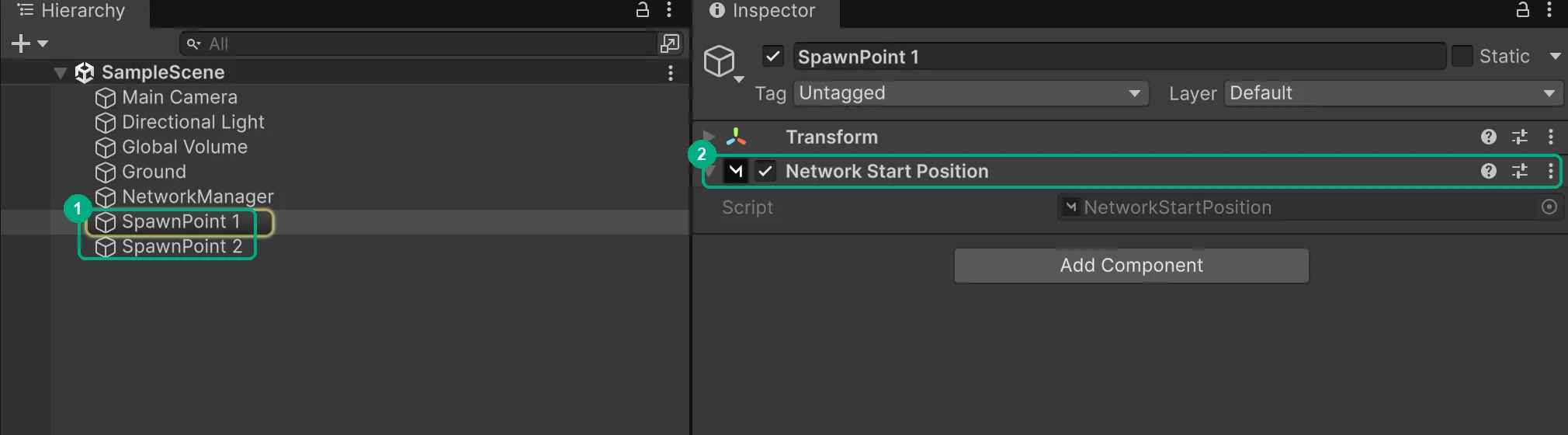 Two spawn points in the Hierarchy with the Network Start Position component