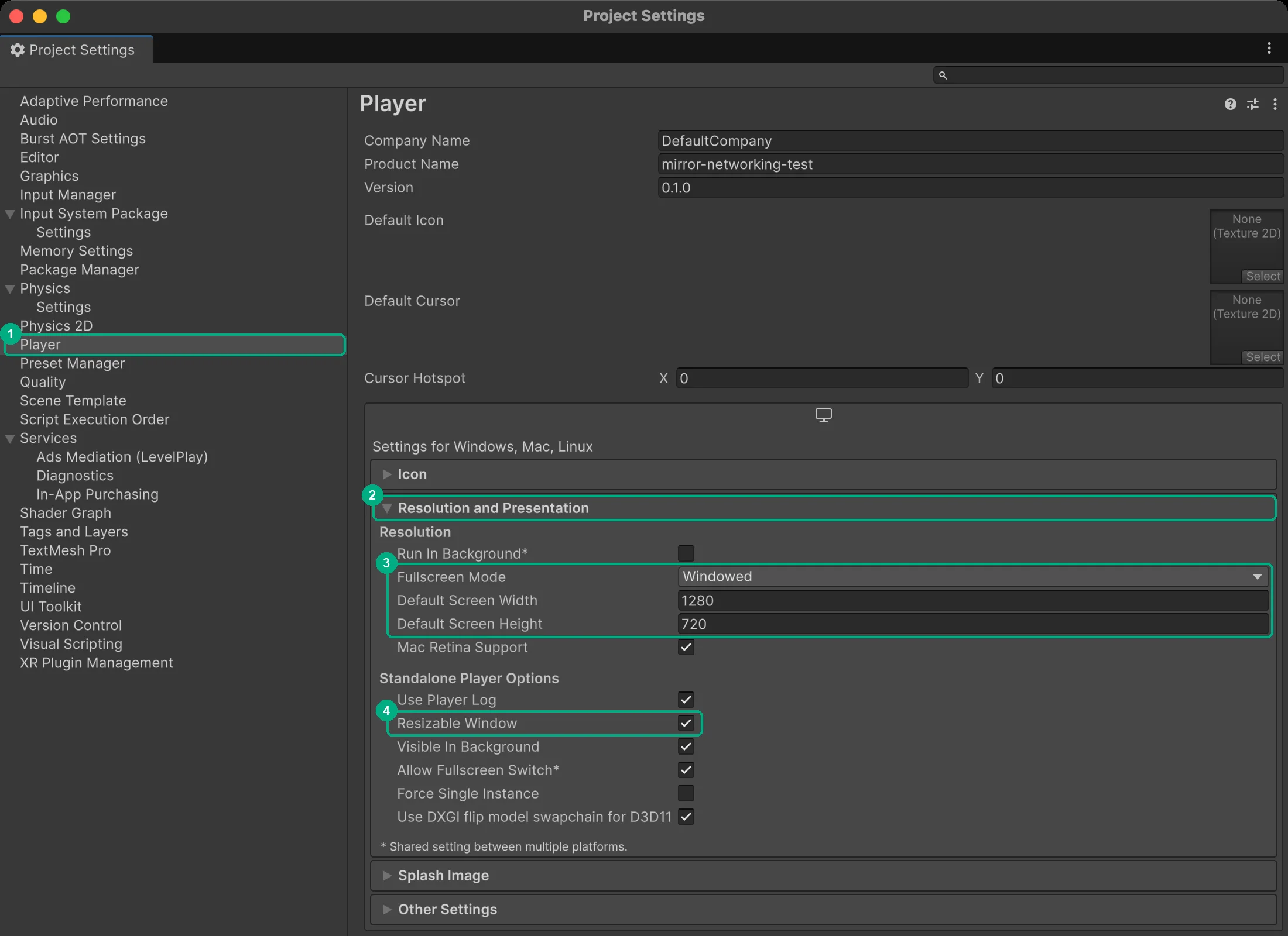 Player settings with Fullscreen Mode set to Windowed at 1280 x 720 and Resizable Window checked