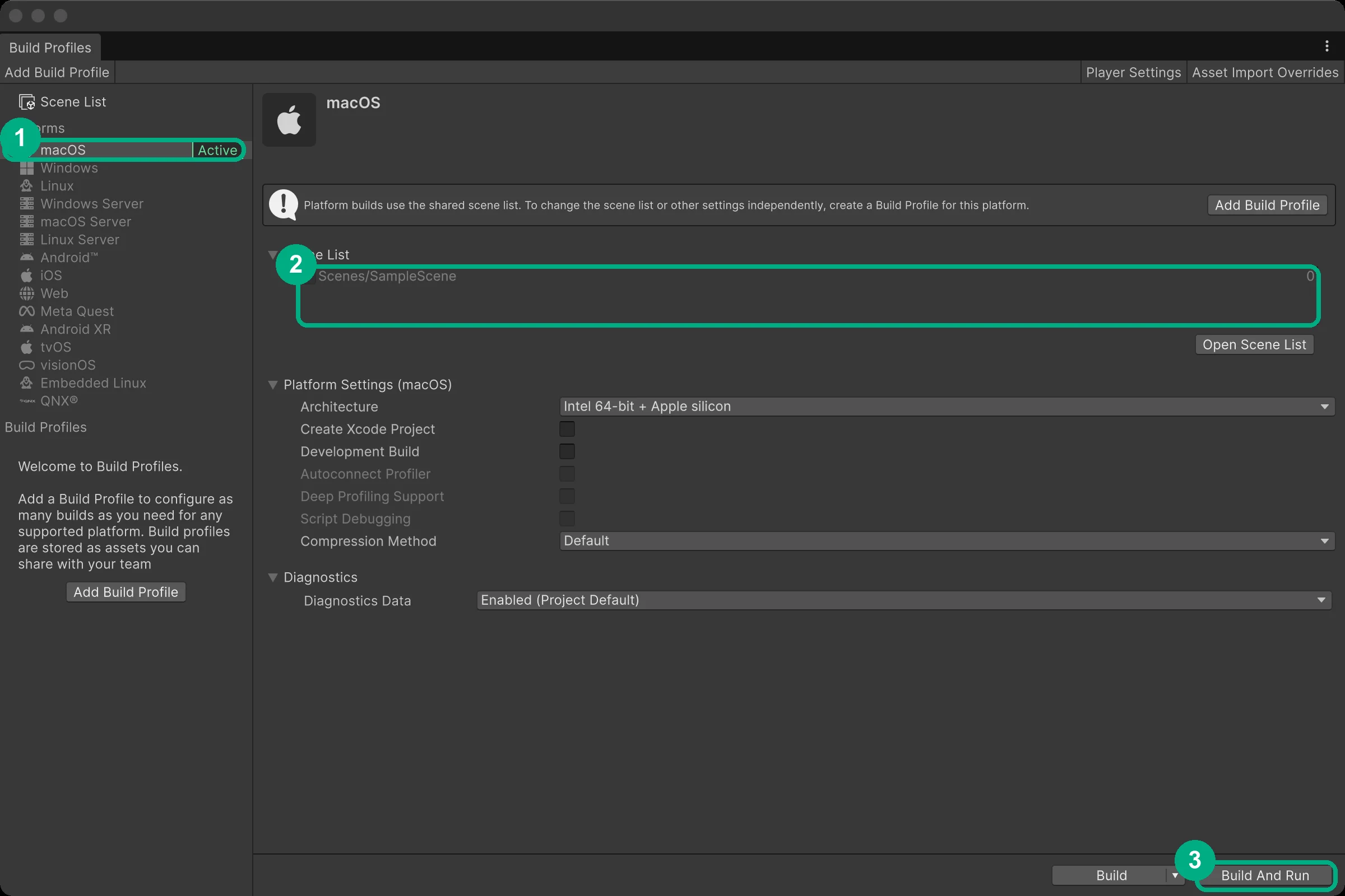 Build Profiles window with macOS active, SampleScene in the Scene List and the Build And Run button highlighted