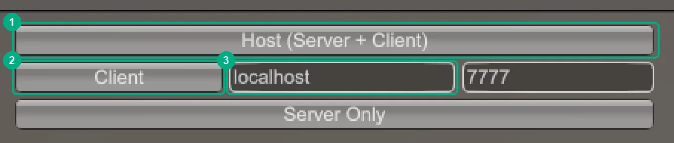 Network Manager HUD in the top-left corner with the Host (Server + Client) button, the Client button and the localhost address highlighted