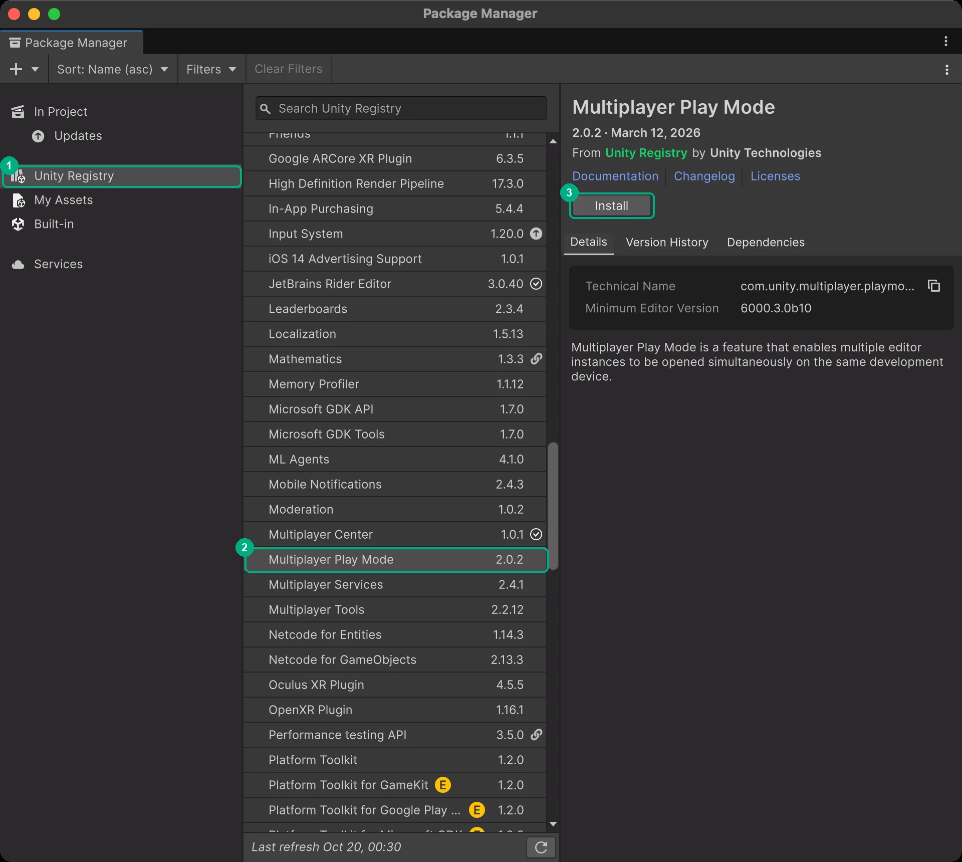 Package Manager with Unity Registry selected, Multiplayer Play Mode in the list and the Install button highlighted