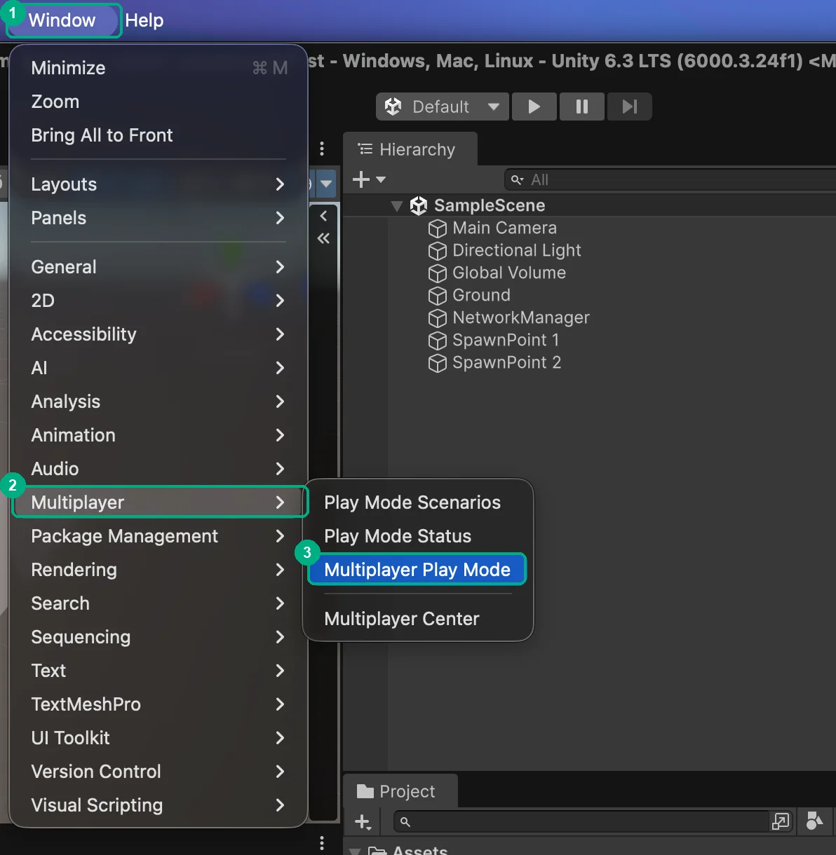 Unity Window menu open at Multiplayer > Multiplayer Play Mode