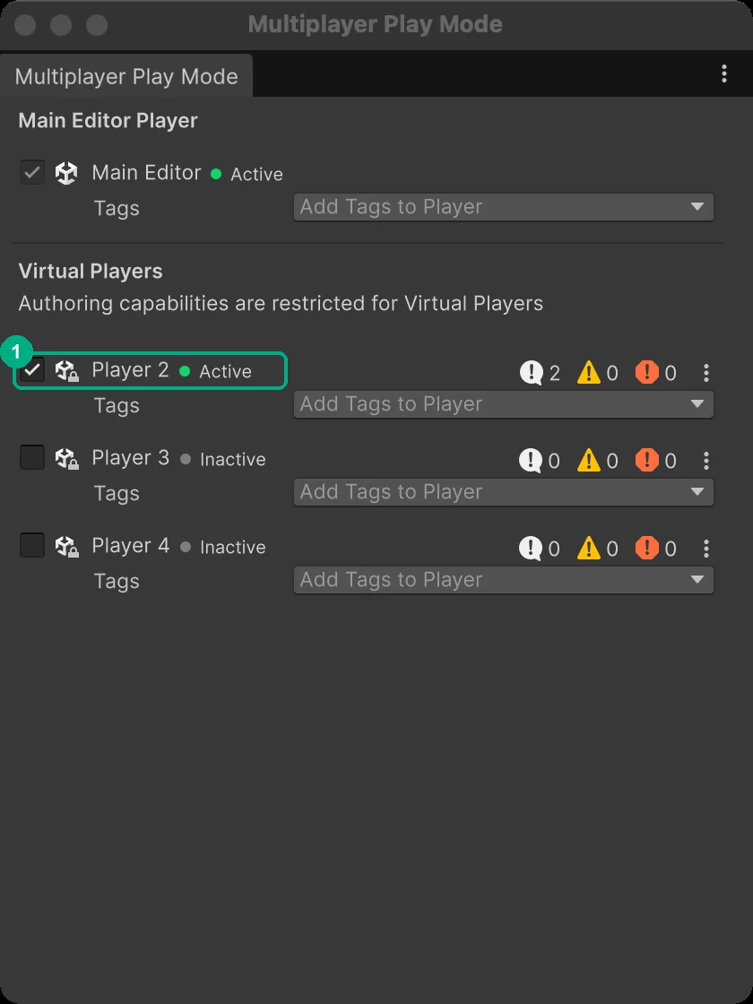Multiplayer Play Mode window with Player 2 checked and active