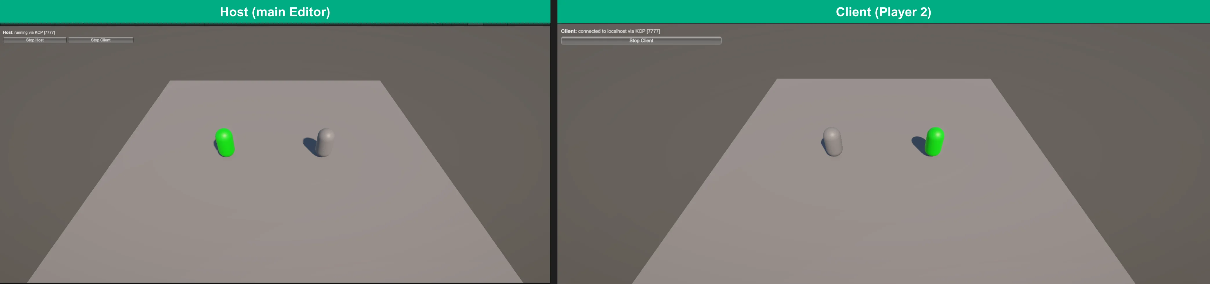 Host in the main Unity Editor and a client in the Player 2 virtual player, both showing the same two players