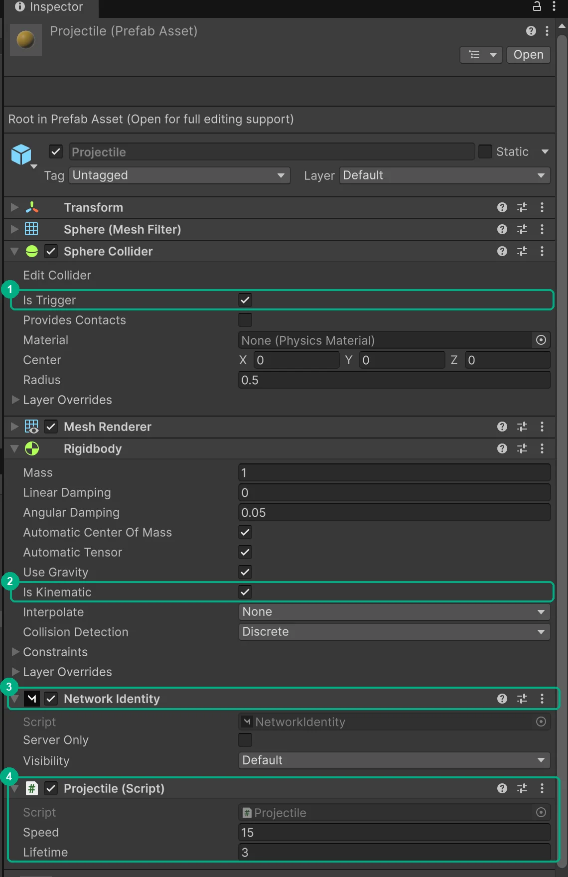 Projectile prefab Inspector with Is Trigger, Is Kinematic, Network Identity and the Projectile script highlighted