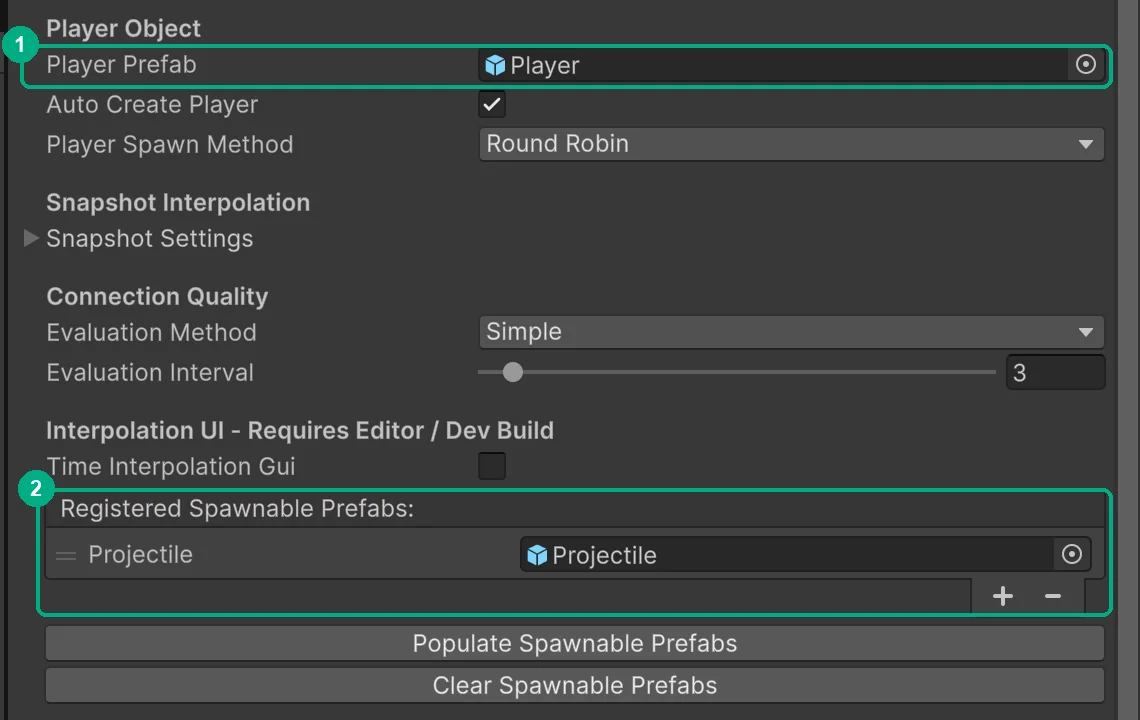 Network Manager with the Player Prefab and the Projectile in Registered Spawnable Prefabs highlighted