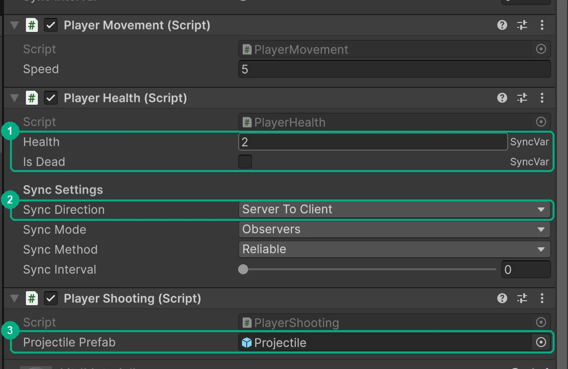 Player prefab with the Health and Is Dead SyncVars, Server To Client sync direction and the Projectile Prefab field highlighted