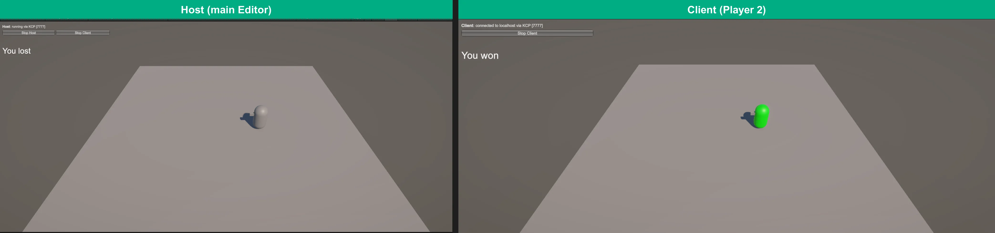 Game over with the host showing You lost and the client in Player 2 showing You won