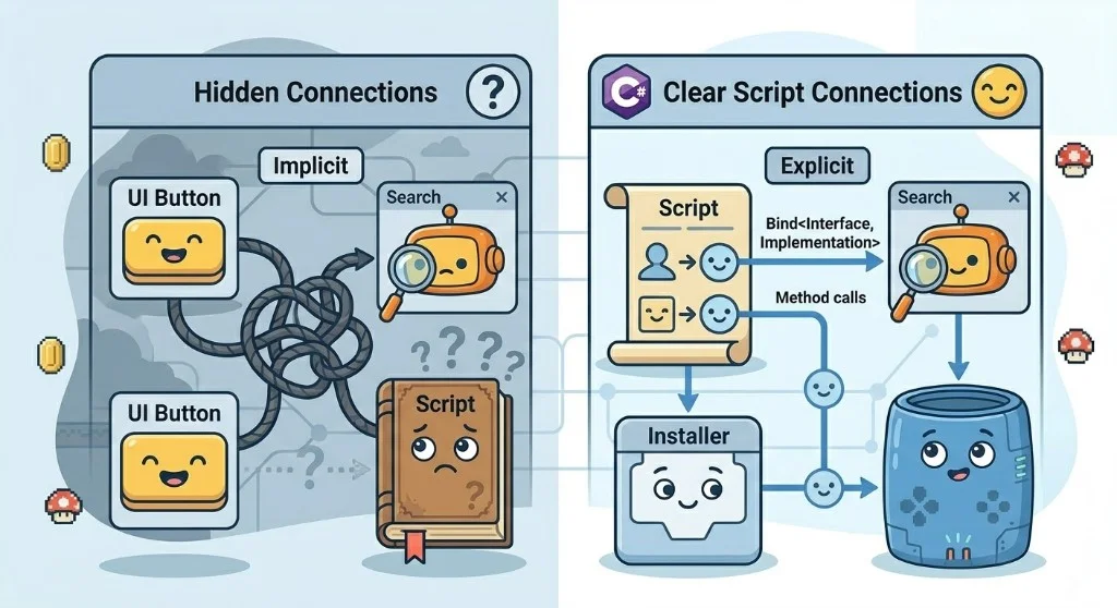 Comparison of Inspector only wiring with hidden implicit links versus code first dependency injection and easy repo search.