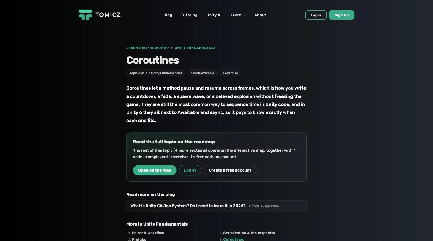 The Coroutines topic page: the first section of the lesson, a button to open it on the map, related blog articles, and the other Unity Fundamentals topics