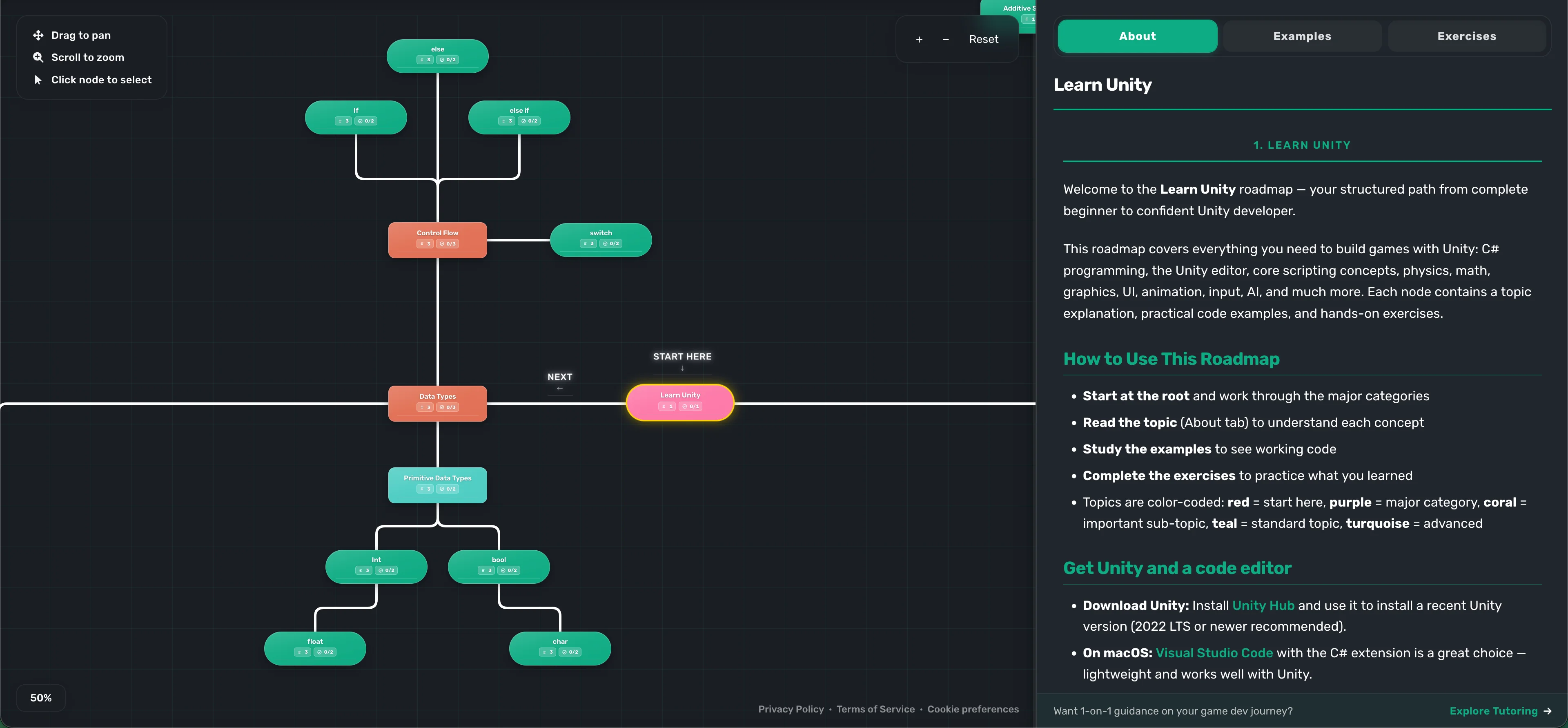 The free Learn Unity Roadmap on darkounity.com, a node-based path for learning Unity and C# together.