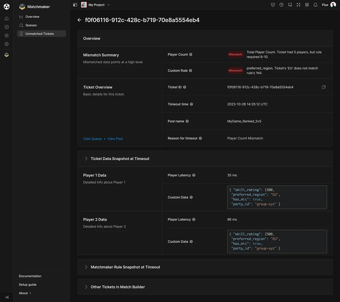 Matchmaker dashboard logs