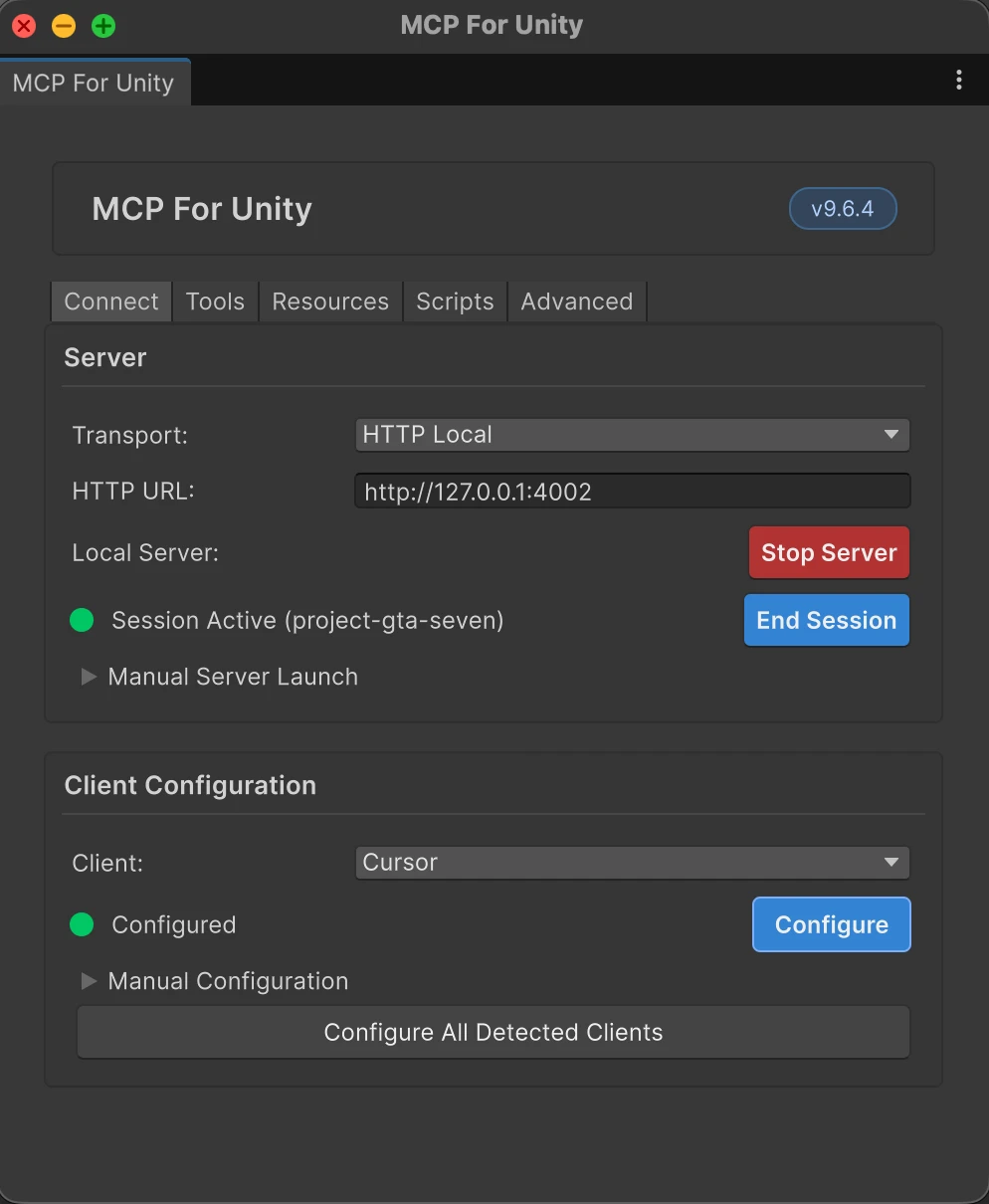 MCP For Unity with server session active and client configured