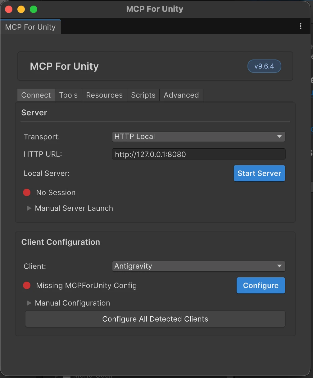 MCP For Unity Connect tab with Server and Client sections