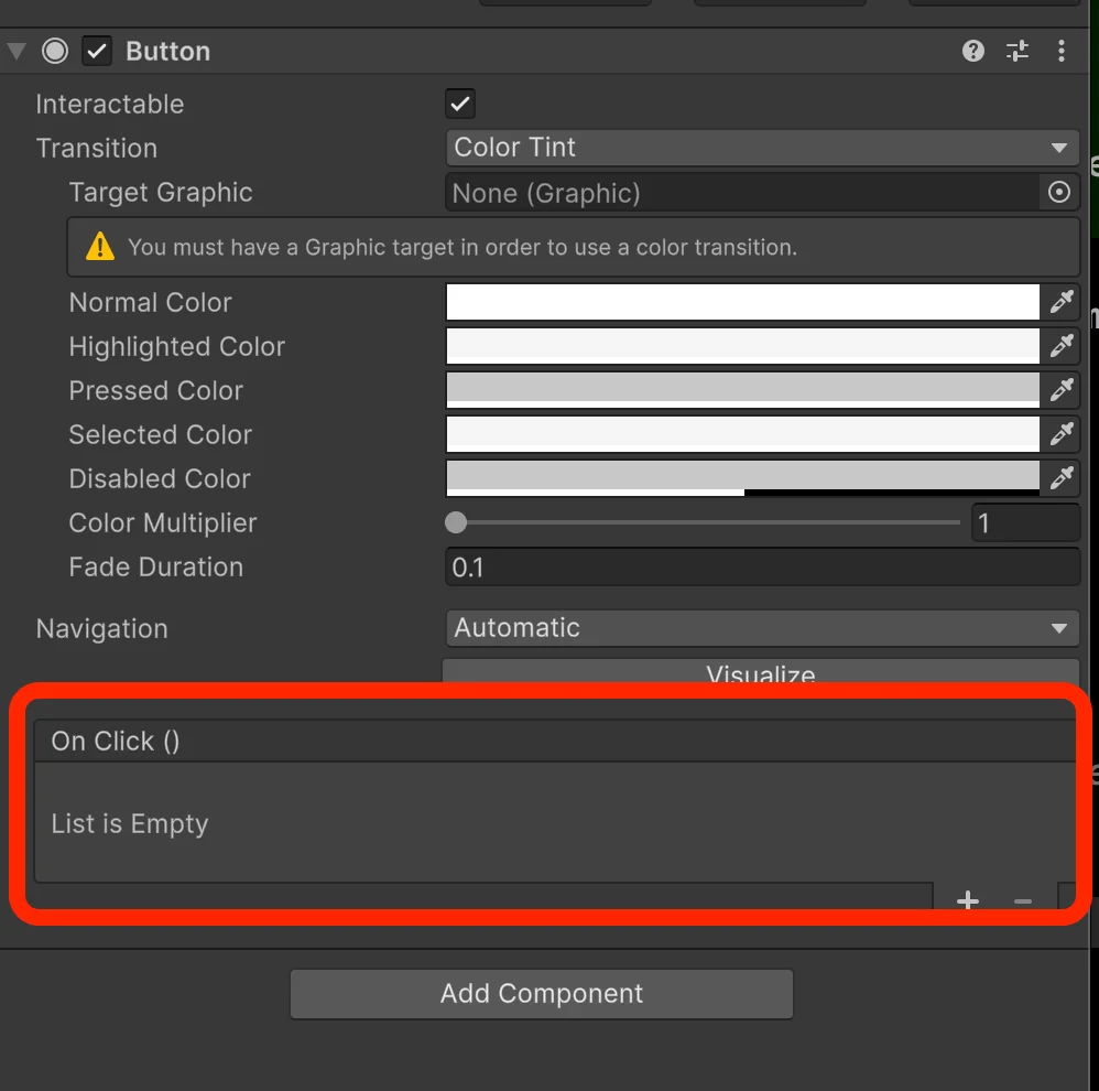 Unity Button component inspector showing the On Click UnityEvent slot highlighted in red