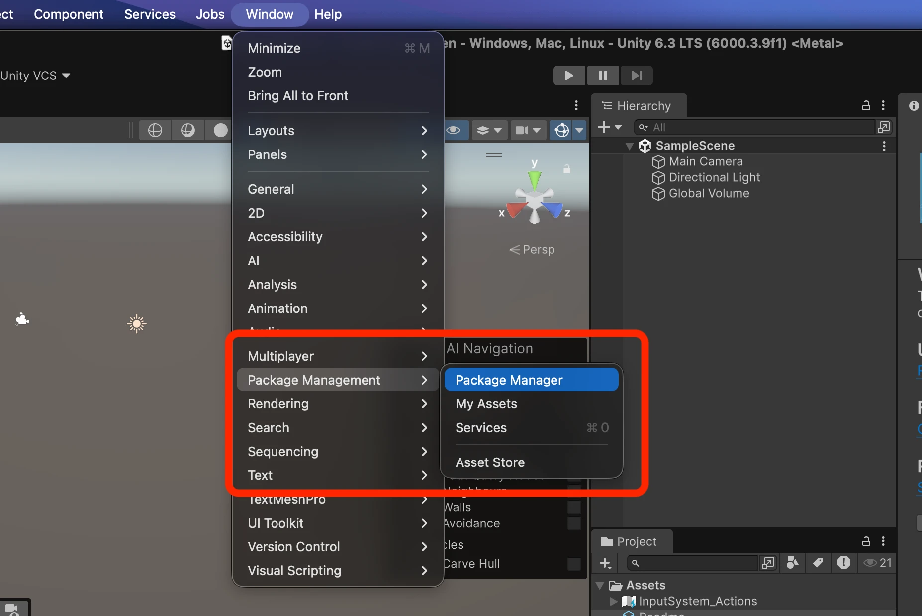 Window menu open to Package Manager