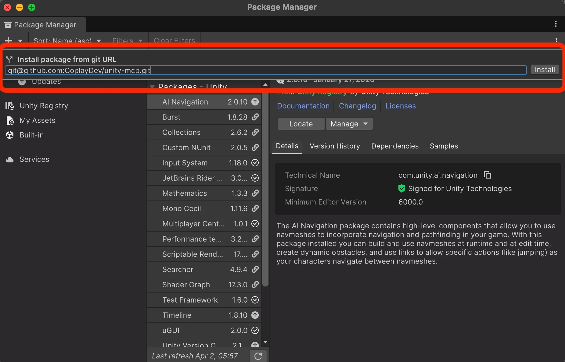Add package from Git URL field with the repo URL pasted
