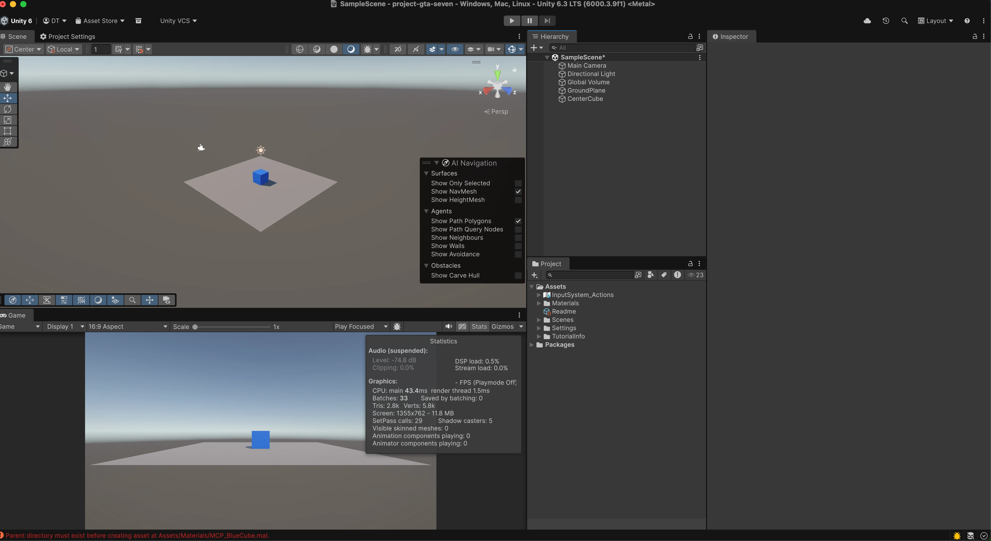 Unity Editor showing blue cube on plane after Cursor MCP tool calls